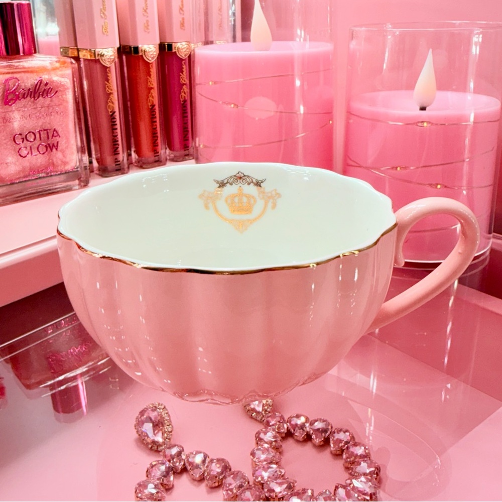 Blush Pink Crown Teacup Gold Trim Vintage-Inspired Porcelain Tea Coffee Cup